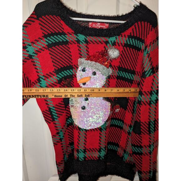 Womens Ugly Christmas Sweater 33 degrees Plaid Sequin Snowman Holiday Size Large - Picture 6 of 11